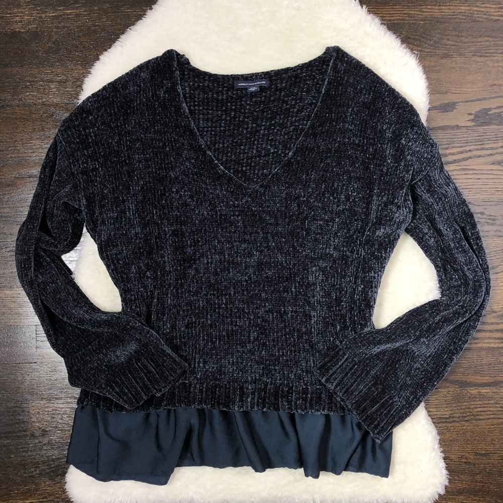 American Eagle Navy Chenille Peplum Hem Sweater